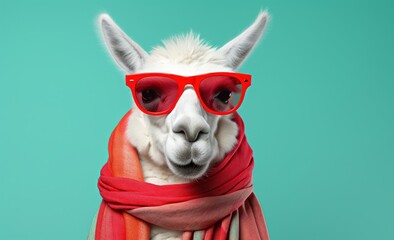Llama Wears Stylish Sunglasses and Colorful Scarf for a Fun Photo Shoot