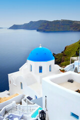 Obraz premium Greek Island blue dome Church, Santorini, Greece