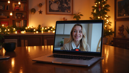 Laptop on a holiday-decorated table with Christmas decor in the background, inviting setup for a video call celebration, perfect for festive virtual gatherings.