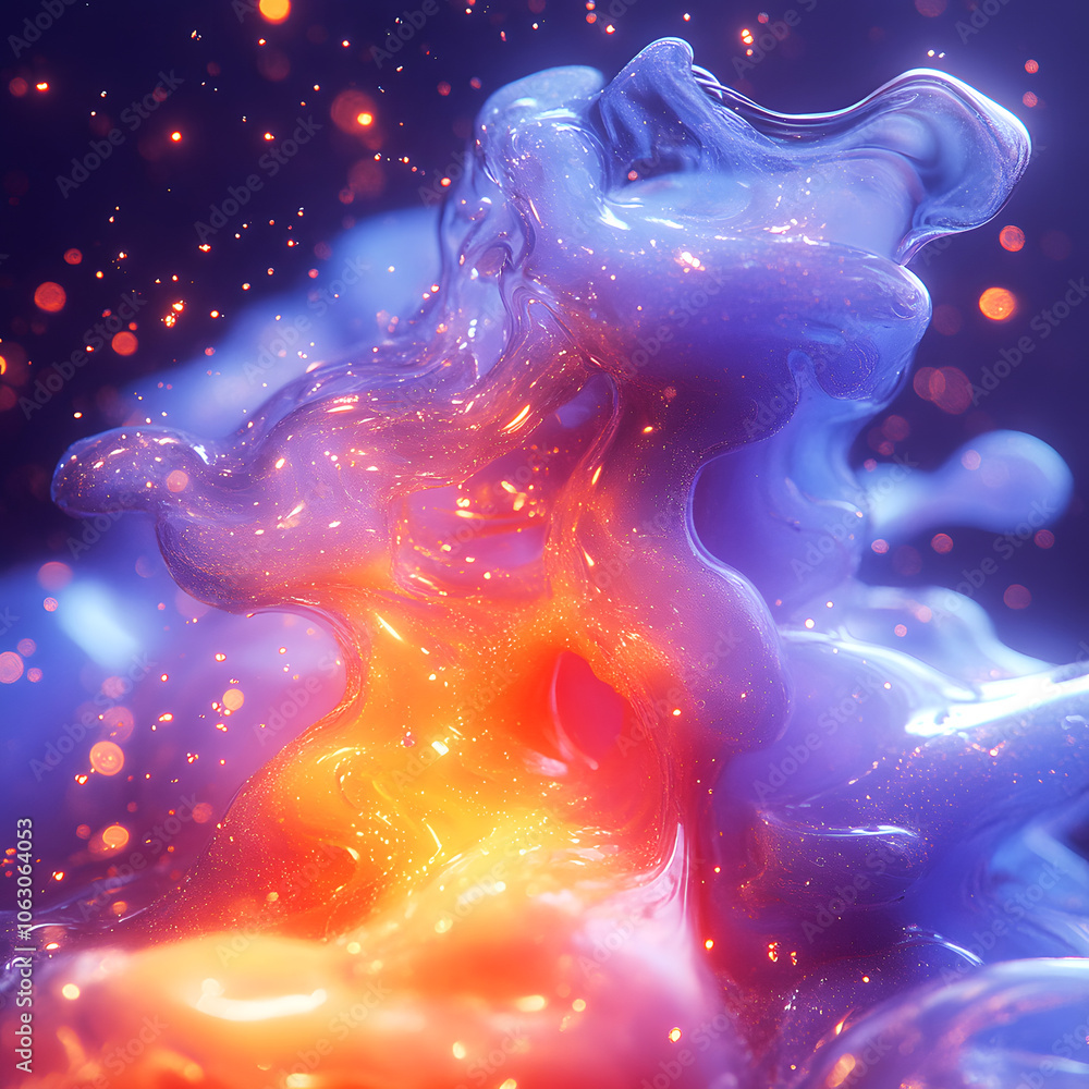 Poster illustration of an undulating liquid mass shimmering in shades of blue and orange. light accents add