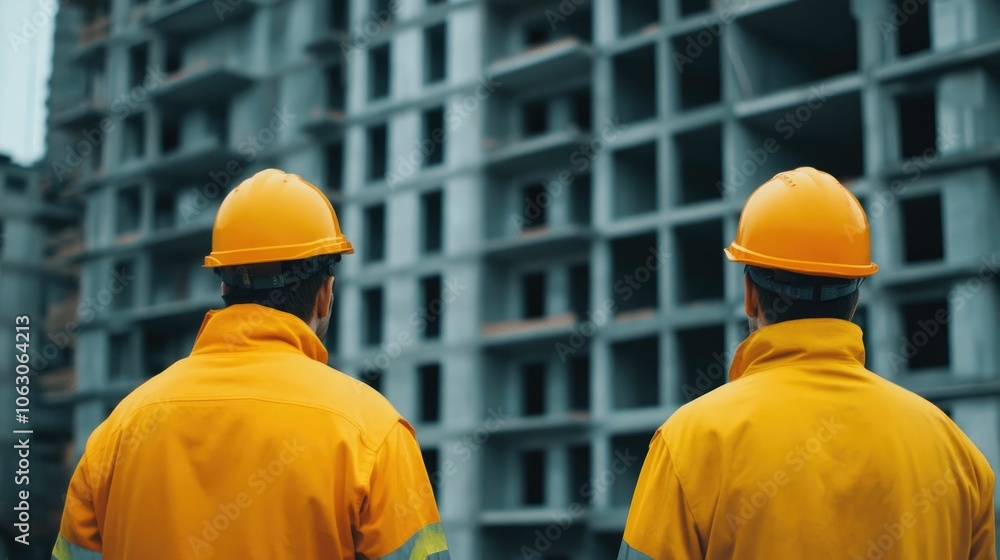 Poster team of construction workers collaborating to build a new apartment complex in a modern urban settin