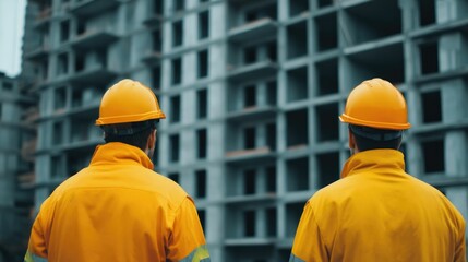 Team of Construction Workers Collaborating to Build a New Apartment Complex in a Modern Urban Setting with a Tall Cityscape in the Background