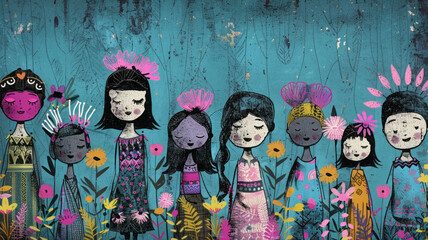 Colorful whimsical women in vibrant floral dresses and artistic headpieces. International woman day concept