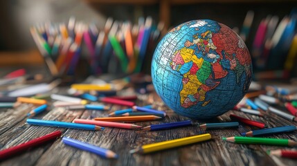 Fototapeta premium Globe and Colored Pencils on Wooden Table for Education Concept