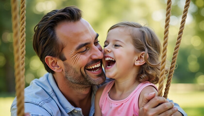 Obraz premium A joyful father shares laughter and love with his daughter on a sunny Father's Day afternoon