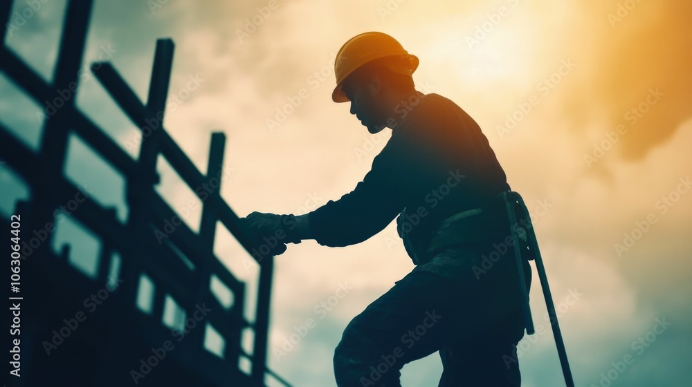 Poster construction worker spraying concrete on the framework of a building with a deep depth of field show