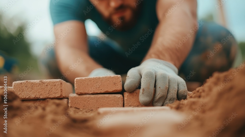 Poster professional construction worker carefully measuring and leveling bricks using tools and equipment o