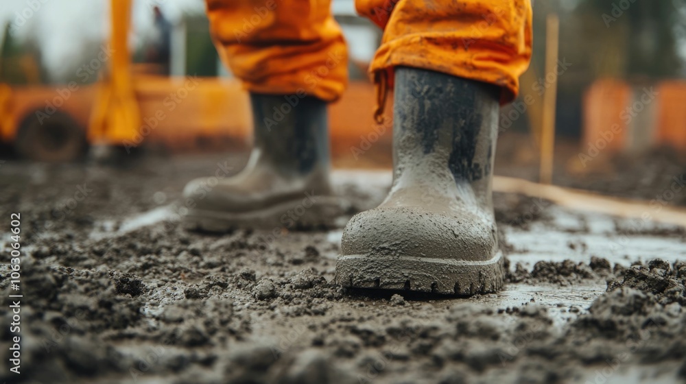 Poster concrete being poured on the construction site for a new industrial or commercial building with a de