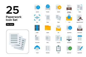 Paperwork Flat Icon Set: Business Sheets, Filing Essentials, and Document Icons