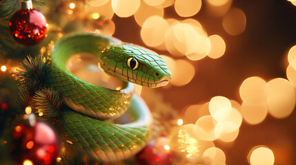 Fototapeta premium A vibrant green snake coiling among colorful holiday decorations on a Christmas tree at night