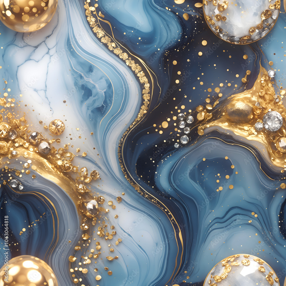 Poster bright gold spheres with exquisite gemstones are arranged in smooth curves of blue and pink marble. 