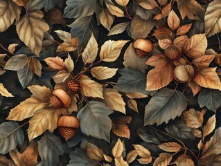 Seamless pattern of autumn leaves and acorns with an ear nature's rich textures and colors