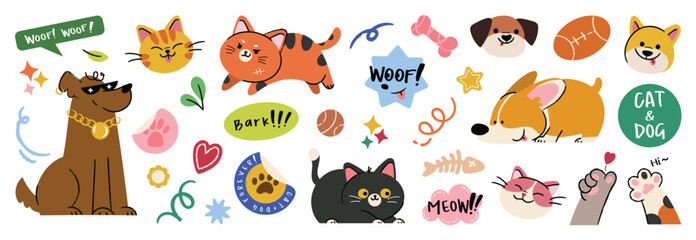 Set of cute pet sticker vector. Lovely cat and dog doodle in different poses and breeds. Adorable funny pet and many characters hand drawn collection for T-shirt, sticker, print, pet shop.  © TWINS DESIGN STUDIO
