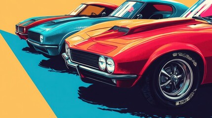 Naklejka premium Vibrant retro-inspired illustrations showcasing classic cars in bold colors and unique designs