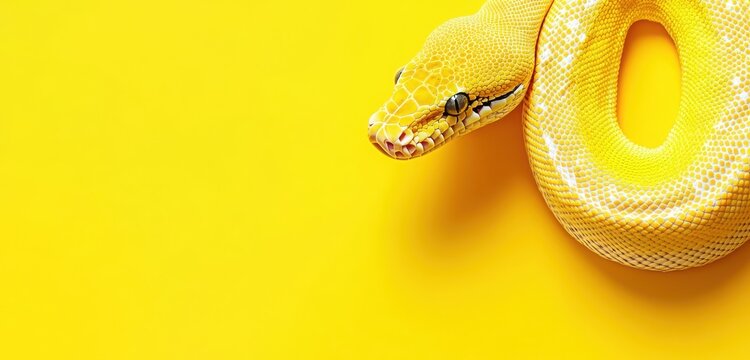 Illustrate a stock photo of a yellow python positioned on a vivid yellow background, offering clear copy space for promotional text. 