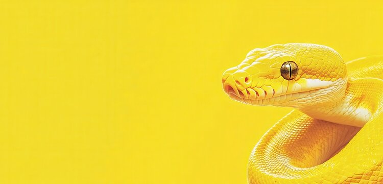 Illustrate a stock photo of a yellow python positioned on a vivid yellow background, offering clear copy space for promotional text. 