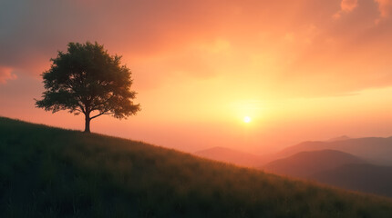 Lonely tree standing on a hill at sunset with orange sky