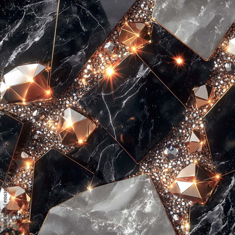 Poster Black and white marble blocks surrounded by shimmering gold sequins create an impression of refined luxury