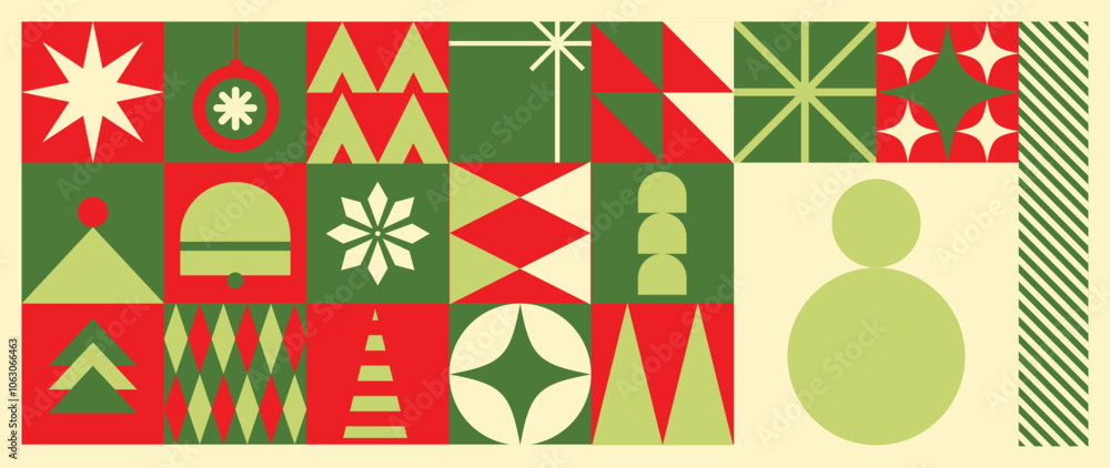 Aufkleber merry christmas and happy new year pattern background vector. decorative elements of tree, snowflake