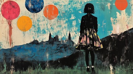 Surreal landscape with silhouette and abstract balloons in a dreamlike setting