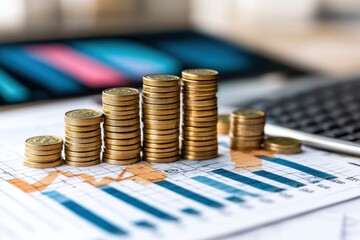Coins stack on financial graph with laptop.