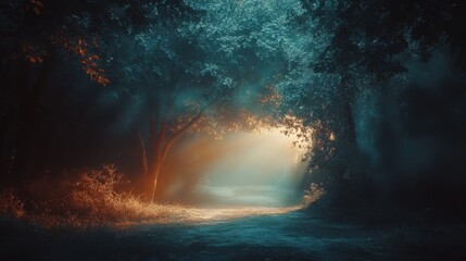 Misty forest path illuminated by warm light