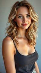 Fototapeta premium A beautiful European girl with soft curly hair wearing a simple outfit