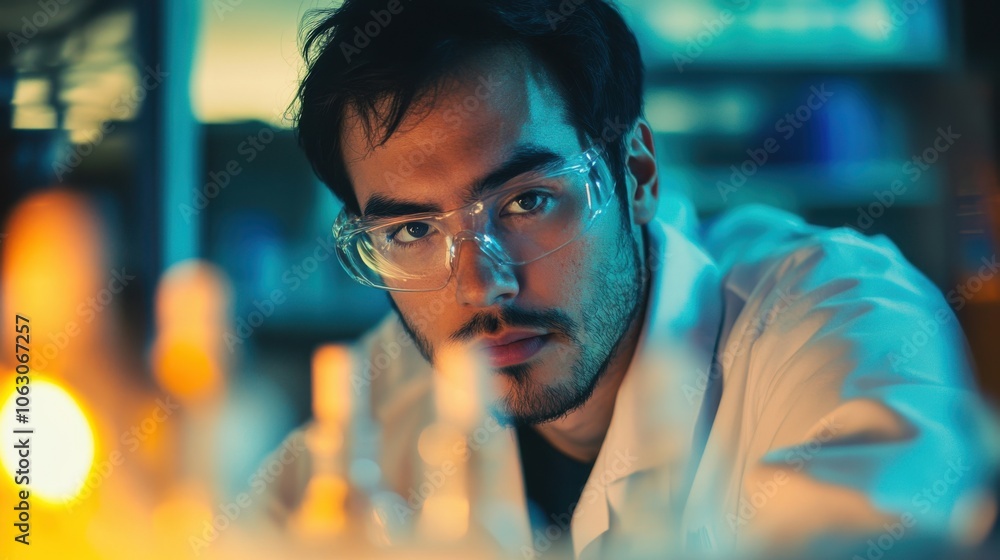 Poster a focused scientist in a high-tech lab conducting