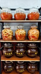 Homemade pickled or fermented vegetables - sauerkraut,chili, pickles,white radish,young ginger in glass and ceramic jars.
