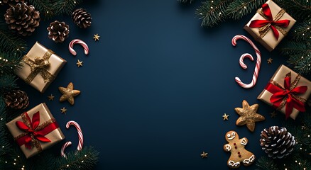 Festive Christmas background with gifts, candy canes, gingerbread, and pine branches on a dark blue background.