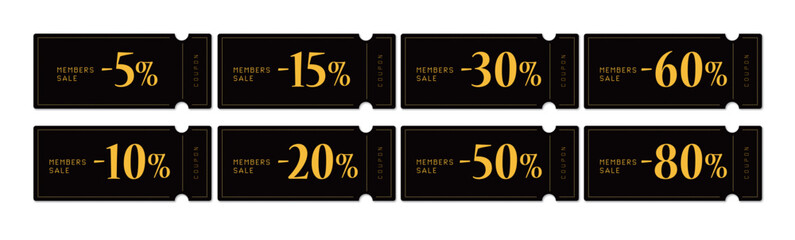 メンバーセールに使えるクールなフォントの黒と黄色のクーポンベクターアイコンセット（割引率別2）