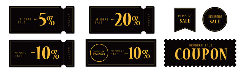 メンバーセールに使えるクールなフォントの黒と黄色のクーポンベクターアイコンセット2