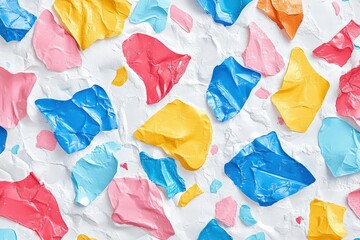 A playful seamless pattern inspired by upcycled plastic textures, featuring colorful, fused plastic materials with a slightly worn look, ideal for eco-friendly product designs
