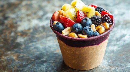 A&Atilde;&sect;a&Atilde;&shy; bowl topped with fresh fruit, nuts, and a sprig of mint in a clear plastic cup.