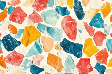 A playful seamless pattern inspired by upcycled plastic textures, featuring colorful, fused plastic materials with a slightly worn look