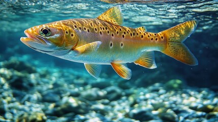 Naklejka premium A vibrant trout swimming in clear water over a rocky bottom.