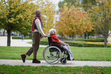 Granddaughter on an autumn walk in the park with her grandmother, pushing her in wheelchair. Side view.