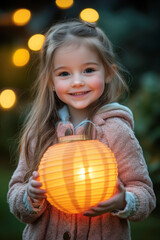St. Martin's Day. Smiling girl holding a handmade lantern during a nighttime festival.
