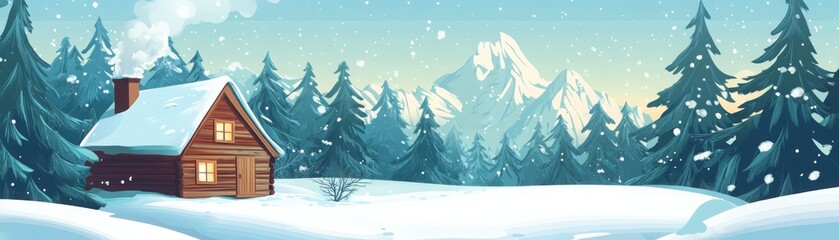 Cozy winter cabin in the woods with smoke rising from the chimney amidst snowy pines and mountains