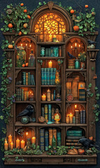 Obraz premium A magical library with shelves full of spellbooks and elixirs