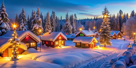 Fototapeta premium Cozy Winter Evening in Lapland with Snow-Covered Wooden Houses Decorated in Christmas Lights Amidst a Frosty Landscape Creating a Magical Holiday Atmosphere