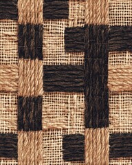 A rustic seamless pattern featuring textures inspired by upcycled materials like burlap sacks and woven textiles, creating an earthy