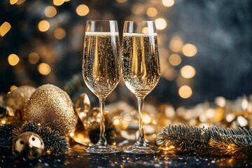 Two glasses of champagne on decorative table, new year celebration 