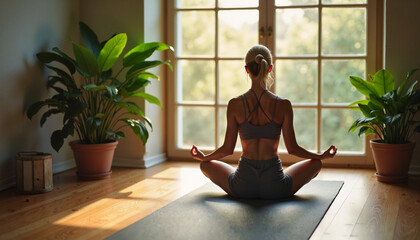 Practicing mindfulness through yoga in a peaceful room surrounded by greenery during golden hour