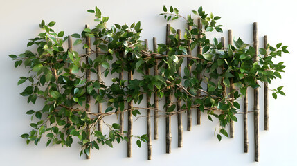 Obraz premium A lush green vine weaves its way through a vertical bamboo fence, creating a vibrant wall hanging.