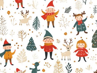 Fototapeta premium Adorable holiday characters elves reindeer and snowmen bringing joy and cheer to your festive celebrations