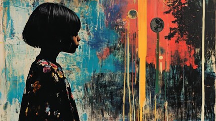 Silhouette of a child against abstract colorful graffiti street art