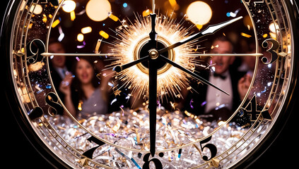 New Year’s Eve Clock Countdown with Confetti and Party Lights
