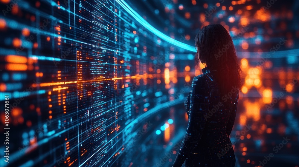 Poster a figure stands before a glowing digital interface of data streams.