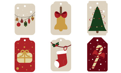 Set of isolated Christmas tags label, Christmas lights balls bell with red ribbon gift Christmas sock Christmas tree candy cane on transparent background